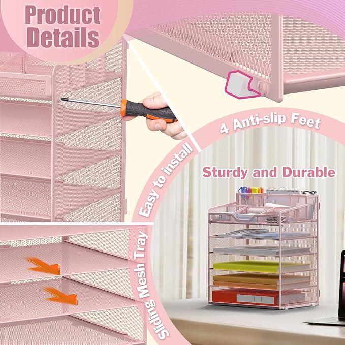 Docnest 6 Tier Mesh Desk Organizer for Paper Office Supplies – Multi-Functional Letter Tray with 5 Adjustable Compartments, 9 Pen Holders, Desktop Storage for Files, Mail, Stationery – Pink