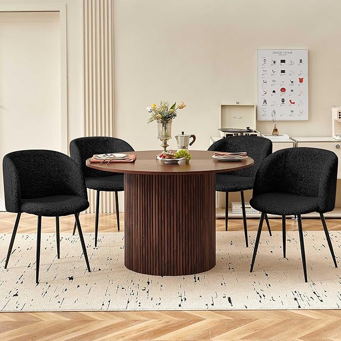 5-Piece Round Dining Table Set for 4, 47-Inch Walnut Kitchen Table and Upholstered Chairs Set for Dining Room, Modern Circle Dinette Table Set with Black Barrel Dining Side Chairs Upholstered
