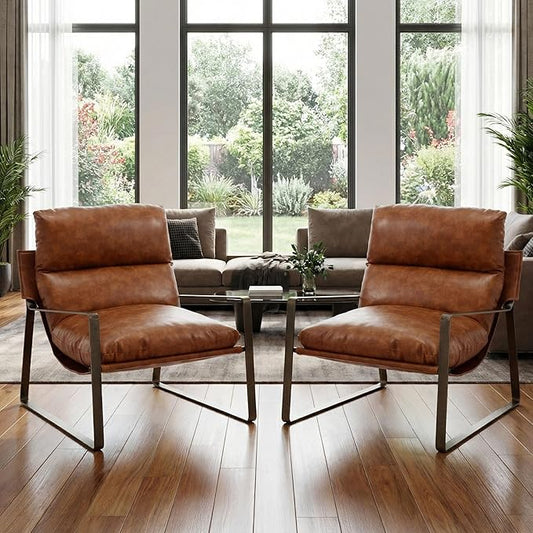 LukeAlon Modern PU Leather Accent Armchairs Set of 2, Upholstered Lounge Chair with Brass Metal Frame Thickened Cushion Single Sofa Chair Leisure Chair with Lychee Grain for Bedroom Living Room, Brown