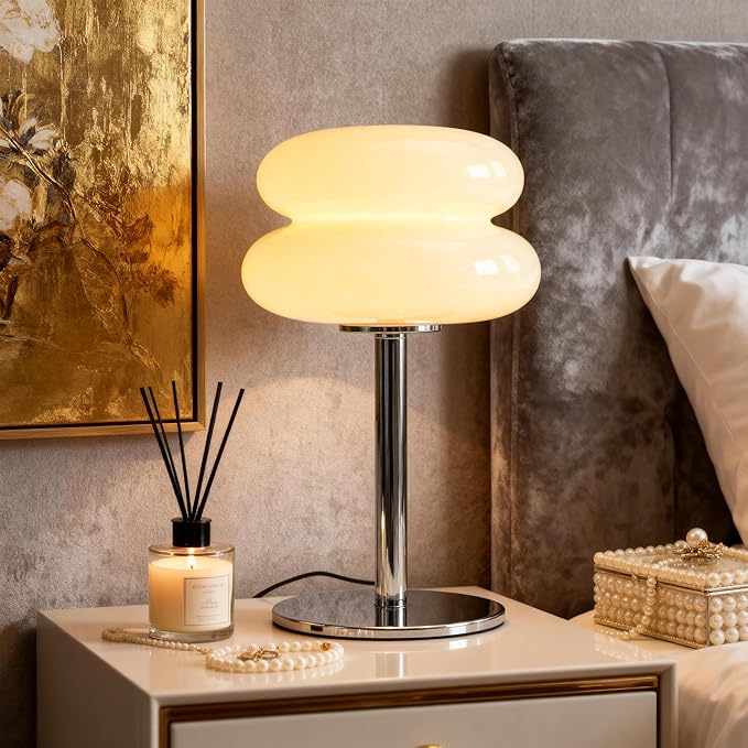 Fandian Beige Table Lamp for Bedroom, Mid Century Modern Lamp for Nightstand, 3 Color Change Egg Tart Bedside Small Lamps, Unique Home Mushroom Cute Desk Lamps