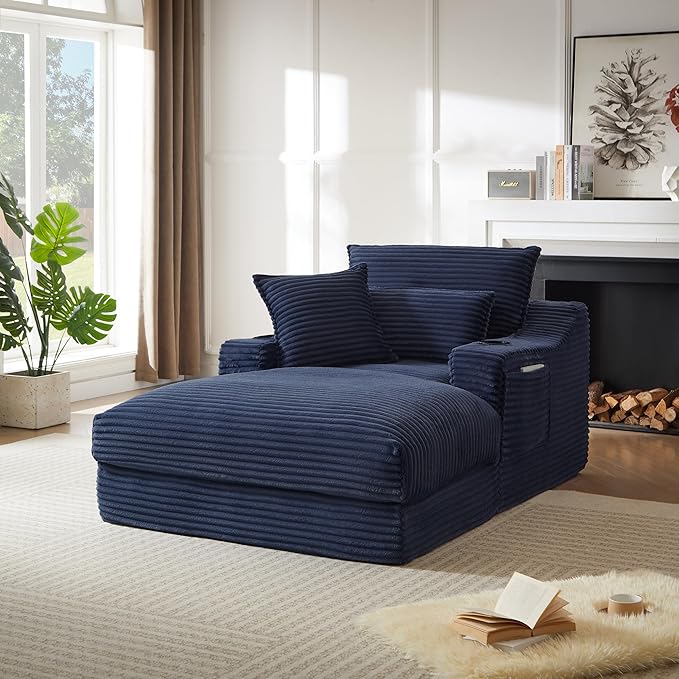 67" Oversized Chaise Lounge Chair Indoor, Boneless Cloud Couch with 3 Pillows, 2 Side Pockets and 2 Cup Holders, Corduroy Sleeper Sofa Bed for Living Room Bedroom Reading Nook - Blue | Breathable material
