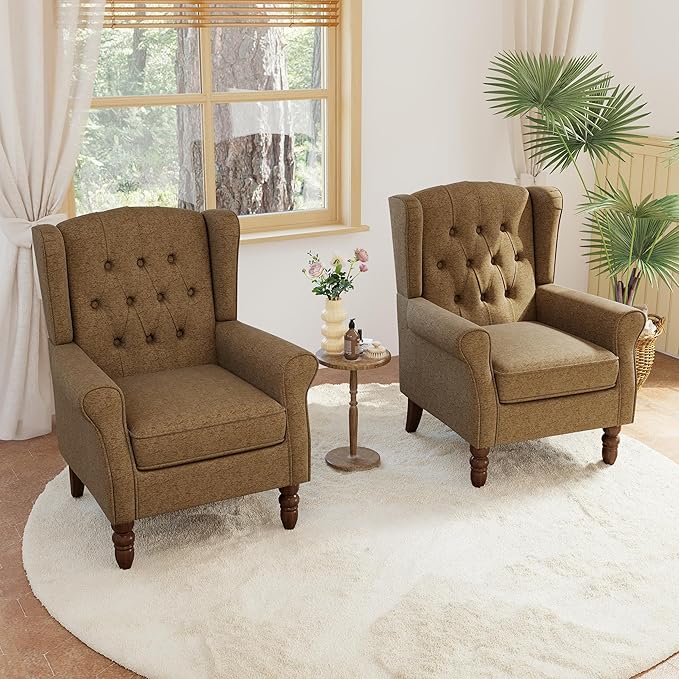Lumibee High Back Accent Chair Set of 2,Upholstered Wingback Armchair with Solid Wood Legs for Small Spaces,Comfy Single Sofa Chair for Living Room,Bedroom,Office-Brown