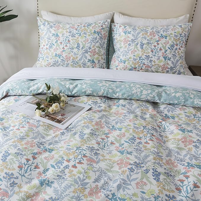 HoneiLife Cotton King Duvet Cover - Floral Comforter Cover 3-Piece, Botanical Bedlinen Set with Zipper Closure & Corner Ties, Wildflower Comforter Cover Sets All Season Use