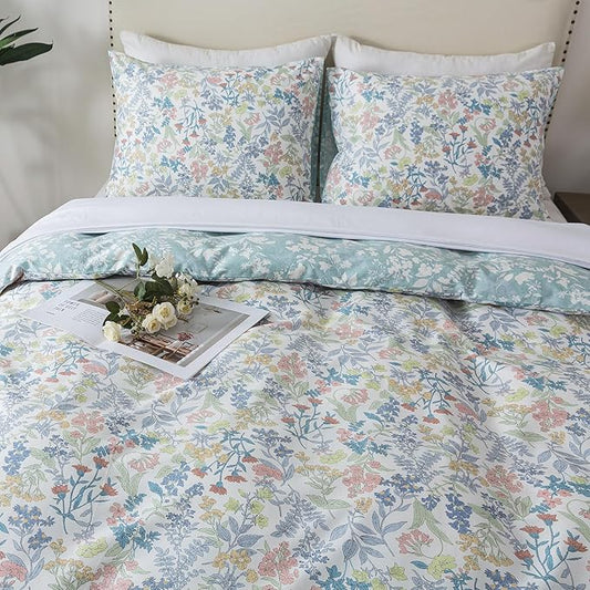 HoneiLife Cotton King Duvet Cover - Floral Comforter Cover 3-Piece, Botanical Bedlinen Set with Zipper Closure & Corner Ties, Wildflower Comforter Cover Sets All Season Use