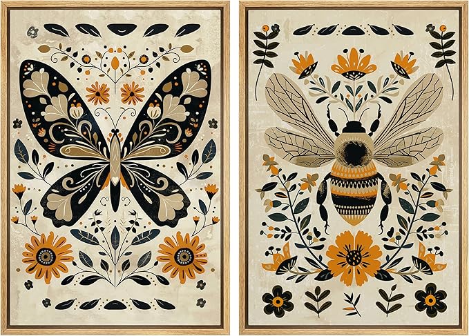 MUDECOR Framed Canvas Print Wall Art Set Butterfly Animals Botanical Bee llustrations Modern Art Decorative Bohemian Calm/Zen for Living Room, Bedroom, Office - 24"x36"x2 Natural