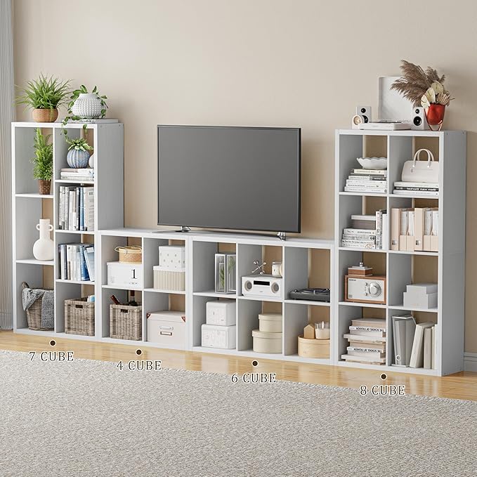 Cube Storage Organizer Bookcase, Decorative 11 inch Open Back Cubical Shelf with Thickened Border, Display Bookshelf for Living Room, Home Office, Sturdy Room (White, 4 Cube)