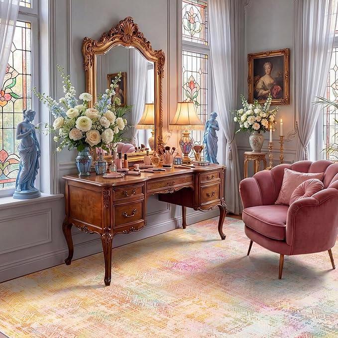 Kokia Abstract Area Rug Living Room 5x7 Washable Large Rug Bedroom Living Room Under Dining Table Soft Non Slip Stain Resistant Pink Orange Carpet Room Decor, Oslo Sunrise