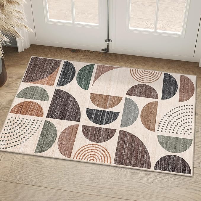 MUJOO Small Rug Washable,2x3 Area Rugs for Entryway Bathroom Entry Entrance Bedroom Kitchen,Front Door Mat Boho Throw Carpet Non Slip Indoor Soft Modern Abstract Brown