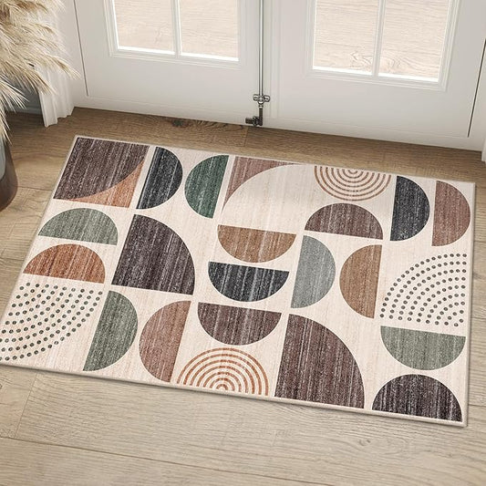 MUJOO Small Rug Washable,2x3 Area Rugs for Entryway Bathroom Entry Entrance Bedroom Kitchen,Front Door Mat Boho Throw Carpet Non Slip Indoor Soft Modern Abstract Brown