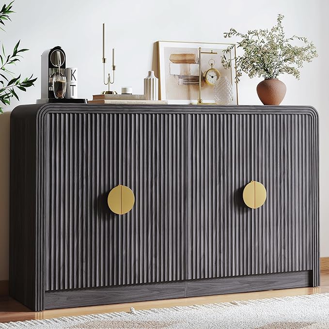 Decofy 55" Buffet Sideboard Cabinet, Modern Mid Century Console Cabinet with Adjustable Shelves & Wavy Grain Doors for Kitchen Cabinets, Living Room, Entryway, Coffee Bar Cabinet (Black Walnut)