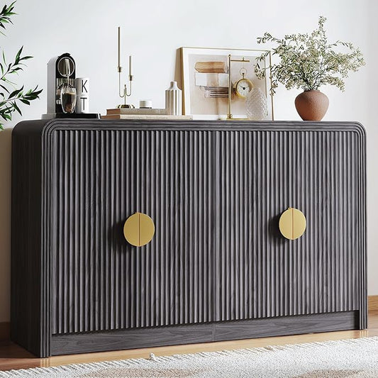 Decofy 55" Buffet Sideboard Cabinet, Modern Mid Century Console Cabinet with Adjustable Shelves & Wavy Grain Doors for Kitchen Cabinets, Living Room, Entryway, Coffee Bar Cabinet (Black Walnut)