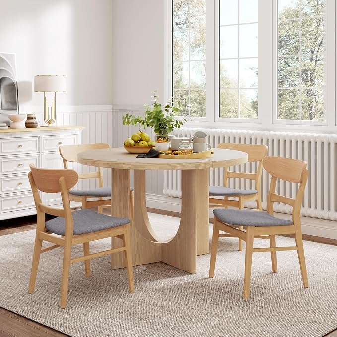 Merax 5-Piece Retro Dining Set - 48" Round Cross-Leg Table & 4 Upholstered Chairs, Mid-Century Modern Kitchen Set with Rubberwood Frame for Kitchen Dining Room, Light Grey+Natural