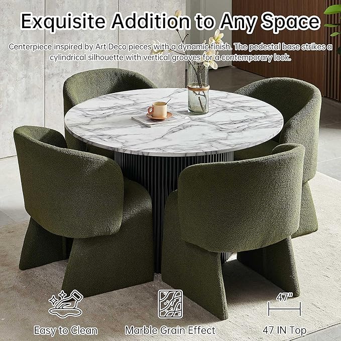 NORDICANA 5-Piece Round Dining Table Set for 4, Modern 47-Inch Kitchen Table and Chair Set, Dining Set with Dark Green Upholstered Armchairs, Manufactured Wood Top with White Marble Effect Finish