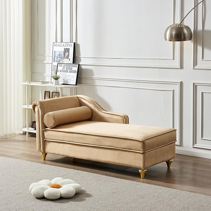 60.6''Velvet Chaise Lounge Indoor, Modern Velvet Lounge Chair with Left Armrest & Lumbar Pillow,Button Tufted Lounge Sofa with Storage for Bedroom, Living Room and Office，Khaki