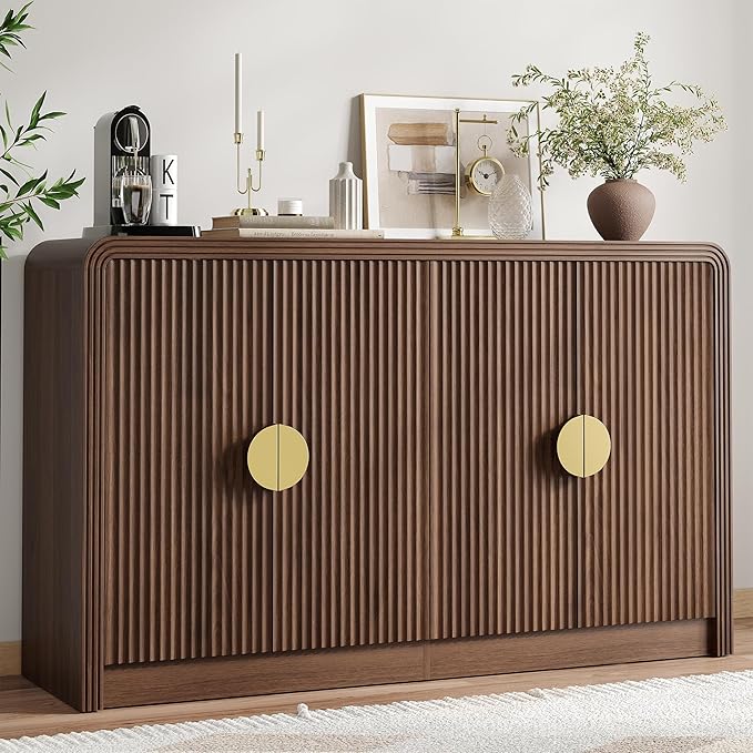 Decofy 55" Fluted Buffet Sideboard Cabinet, Modern Mid Century Console Cabinet with Adjustable Shelves & Wavy Grain Doors for Kitchen Cabinet Storage,Living Room,Entryway,Coffee Bar Cabinet (Walnut)