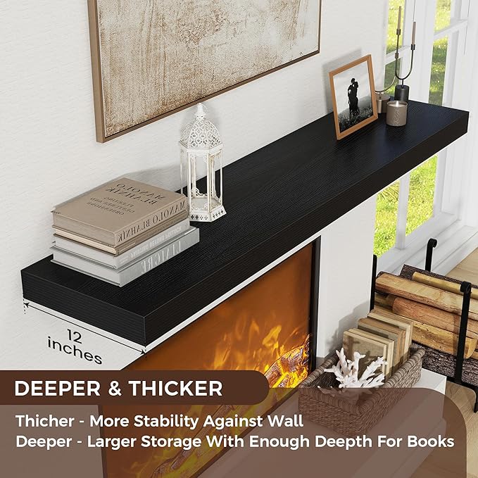 Floating Shelves for Wall, 48" W x 12" D x 2" H, 2 Pack of Long Wall Mounted Engineered Wood Shelves with Invisible Brackets for Living Room, Bedroom, Bathroom, Kitchen Decor, Black
