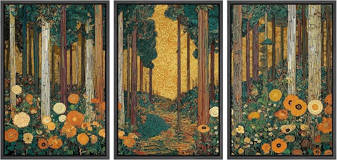 wall26 Framed Print Wall Art Set Klimt Style Sunlit Forest Vibrant Green and Gold Floral WoodlandDecorative Minimal Relax/Zen for Living Room, Bedroom, Office - 16"x24"x3 BLACK