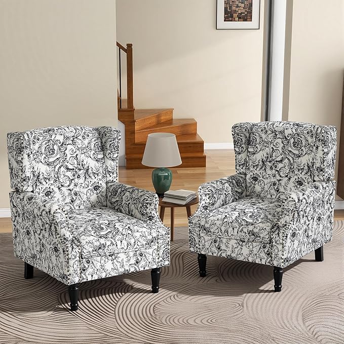 High Back Accent Chairs Set of 2, Fabric Upholstered Armchair Floral Wingback Chair for Living Room, Comfy Single Sofa Solid Wood Legs Bedroom Reading Seat - Rococo Black