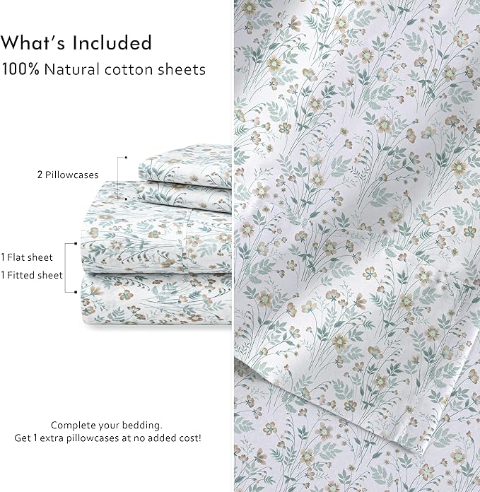 RUVANTI 100% Cotton Percale Sheets Twin XL Size 4 Piece Set, Cooling Bed Sheets for Hot Sleepers, Deep Pocket 16”, Breathable Lightweight & Durable, Crisp Hotel Style Sheets, Fleur & Field