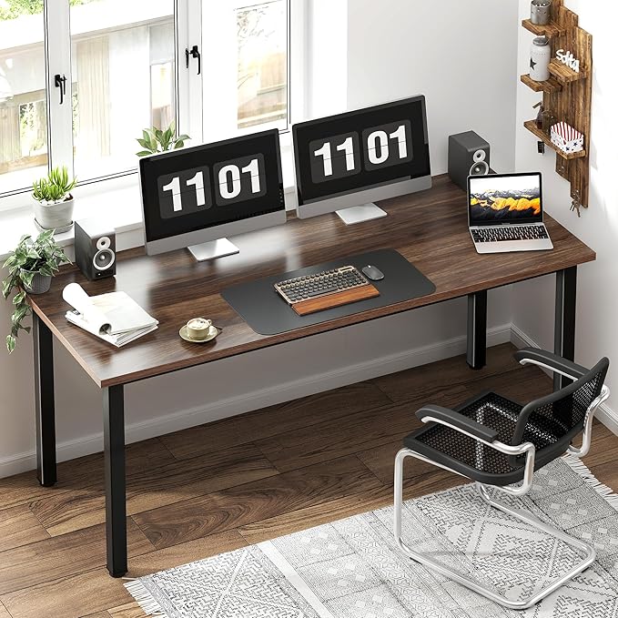 Need 63 Inch Computer Desk, Modern Simple Home Office Desk with Large Legroom, Gaming Writing Work Table for Study, Sturdy Black Metal Frame, Walnut Finish
