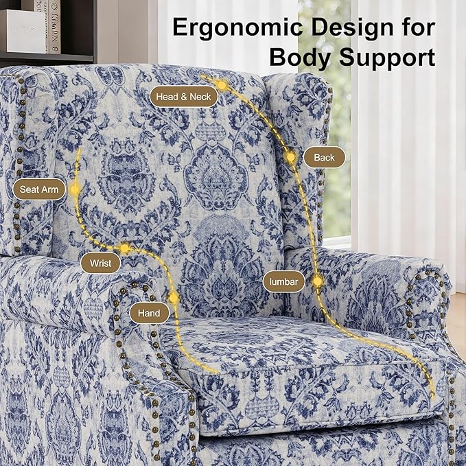 Wingback Chair, High Back Floral Accent Chair in Fabric, Comfy Upholstered Armchair with Nailhead Trim for Living Room, Single Sofa Reading Chair for Small Spaces, Bedroom-Navy