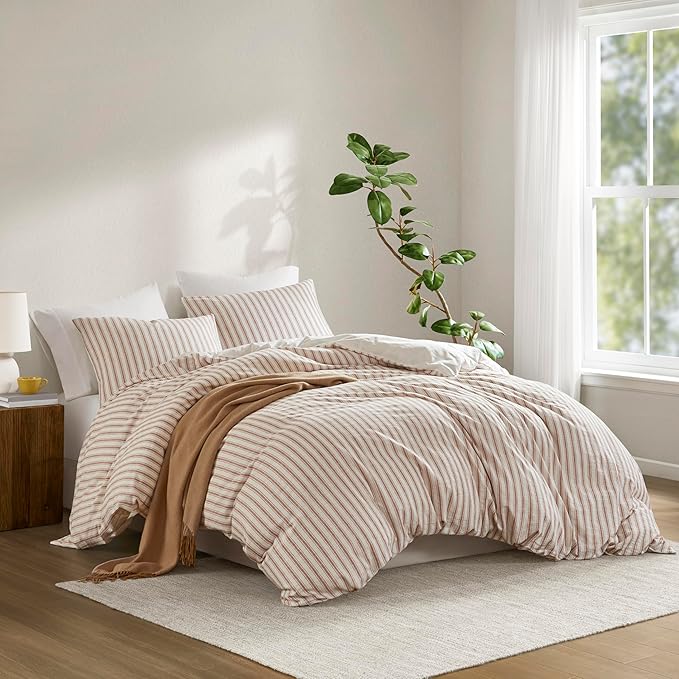 Madison Park Duvet Cover Set for Hot Sleepers - Linen Cotton Rayon Blend, King Size 3 Piece Set with Shams - Lightweight & Breathable Bedding, Terracotta Striped Design