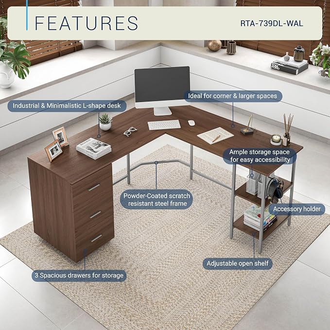 Techni Mobili L Shaped Desk - Two-Toned Computer Desk with Drawers & Storage Shelves - Simple Modern Furniture & Home Office Space Corner Table for Work & Writing