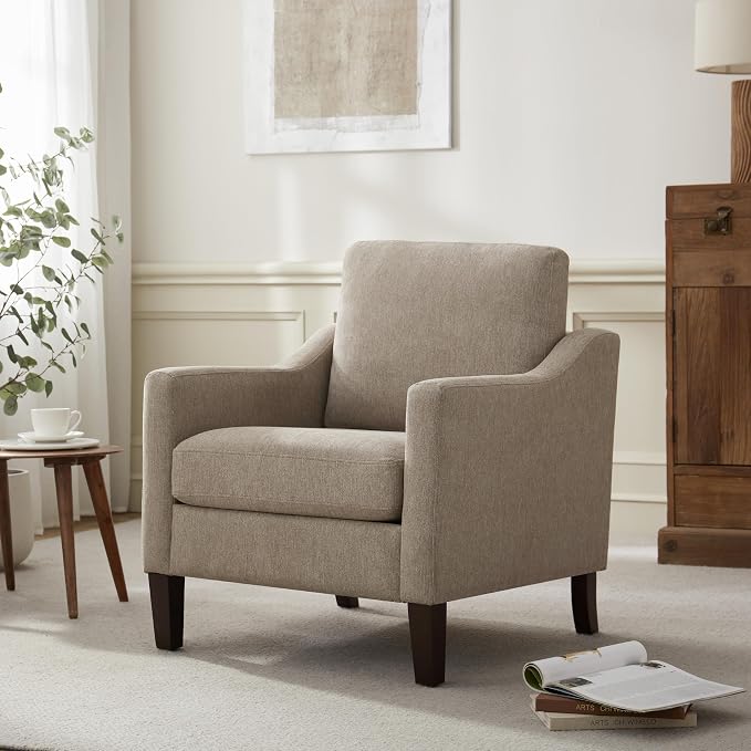 VKNOW Mid Century Modern Accent Chair, Upholstered Living Room Chairs Armchair for Bedroom, Comfy Reading Accent Chairs with Wood Legs for Living Room (1, Brown)