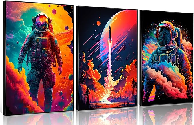 3Pcs Cool Astronaut Wall Art Abstract Colorful Galaxy Spaceman Posters Pictures Fantastic Planet rocket Paintings Prints Surrealism Planets Cosmos Artwork for Boys Bedroom Canvas Wall Decor Unframed
