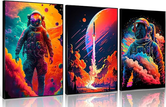 3Pcs Cool Astronaut Wall Art Abstract Colorful Galaxy Spaceman Posters Pictures Fantastic Planet rocket Paintings Prints Surrealism Planets Cosmos Artwork for Boys Bedroom Canvas Wall Decor Unframed