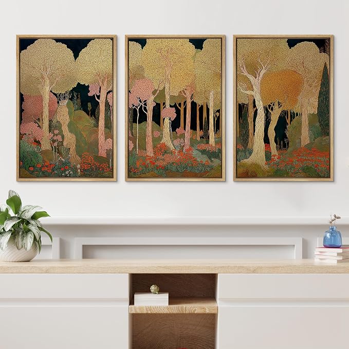 wall26 Framed Print Wall Art Set Art Nouveau Golden Forest Whimsical Vintage Tree and FloralDecorative Minimal Relax/Zen for Living Room, Bedroom, Office - 16"x24"x3 NATURAL