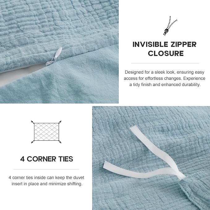 Simple&Opulence Linen Muslin Duvet Cover Set Queen Size, 3Pcs Blue Linen Cotton 3-Layer Gauze Minimalist Comforter Cover 88”x92”, Ultra Soft Breathable Seersucker Bedding Set with 2 Pillowcases