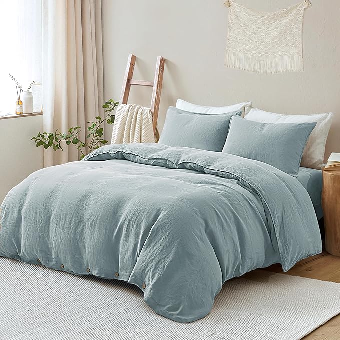 ATLINIA 100% Flax Linen Duvet Cover Set - Stone Washed Pure French Linen Organic Fabric for Farmhouse Comforter Boho Bedding Included 1 Duvet Cover 2 Pillow Shams(Dusty Blue, King)