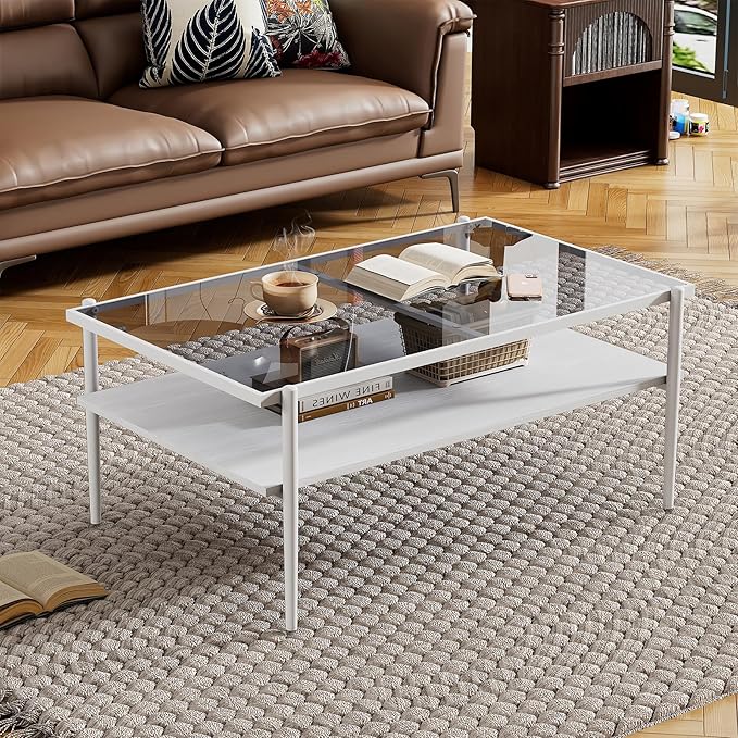 Mid Century Modern 2-Tier Coffee Table with Gray Tempered Glass Top & Wood Storage Shelf – Space-Saving Center Table for Living Room, Apartment & Small Spaces (White-A)