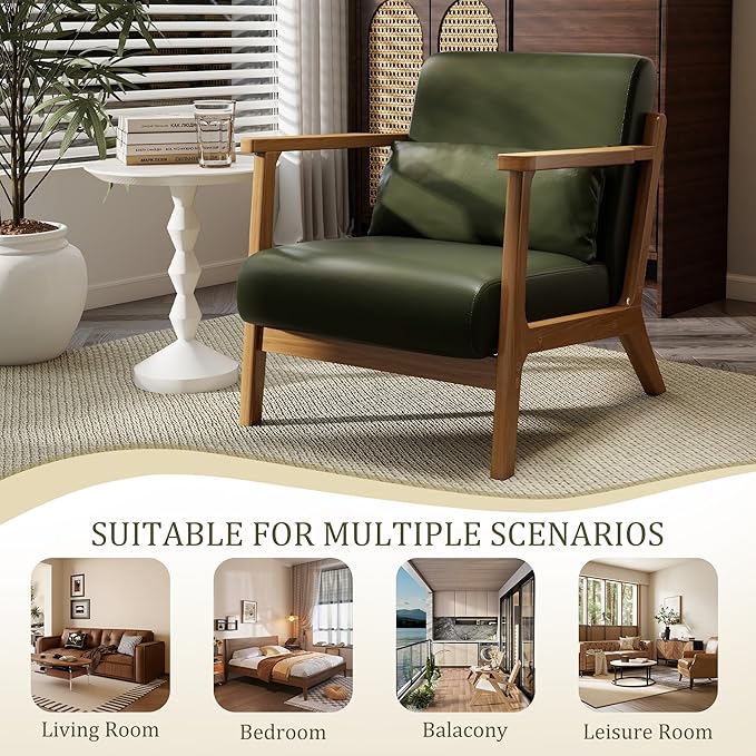 Accent Chair and Ottoman Set, Mid-Century Modern Faux Leather Upholstered Lounge Armchair with Pillow, Solid Wood Frame & Comfortable Cushion for Living Room, Bedroom, Balcony, Green