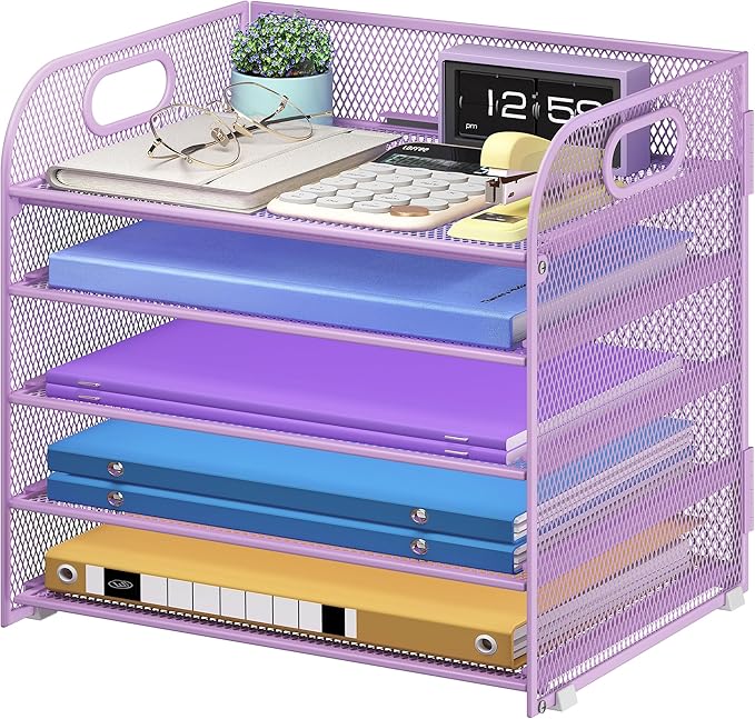 5 Tier Paper Organizer with Handle, Metal Mesh Desk Organizer File Folder Paper Letter Tray Desktop Document Sorter for Classroom, School, Office Accessories Organization and Storage - Purple