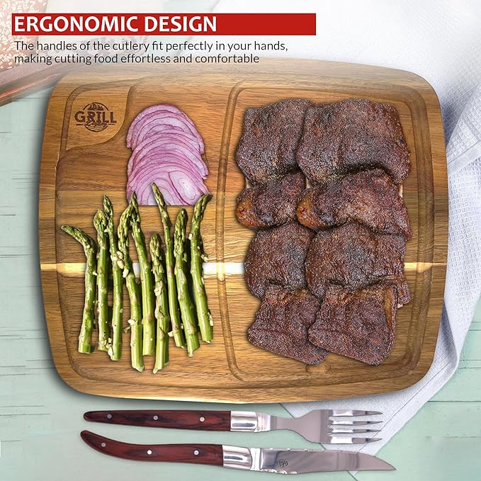 Grill Legacy Wooden Steak Plate Set (2 pack) - Complete Steak Plate for Eating with Premium Steak Knives and Forks - The Ultimate Gift for Steak Lovers.