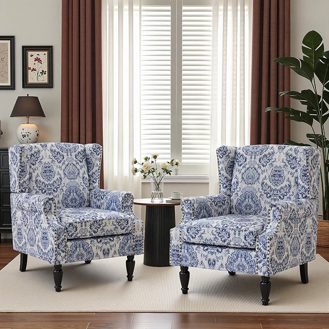 Wingback Chairs Set of 2, High Back Floral Accent Chair in Fabric, Comfy Upholstered Armchair with Nailhead Trim for Living Room, Single Sofa Reading Chair for Small Spaces, Bedroom-Navy