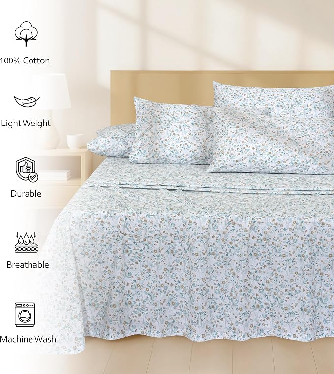 RUVANTI 100% Cotton Percale Sheets Full Size 6 Piece Set, Cooling Bed Sheets for Hot Sleepers, Deep Pocket 16”, Breathable Lightweight & Durable, Crisp Hotel Style Sheets, Fleur & Field