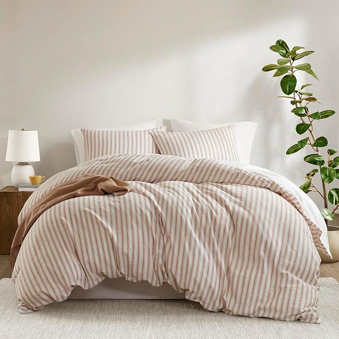 Madison Park Duvet Cover Set for Hot Sleepers - Linen Cotton Rayon Blend, Cal King Size 3 Piece Set with Shams - Lightweight & Breathable Bedding, Terracotta Striped Design