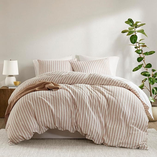 Madison Park Duvet Cover Set for Hot Sleepers - Linen Cotton Rayon Blend, Cal King Size 3 Piece Set with Shams - Lightweight & Breathable Bedding, Terracotta Striped Design