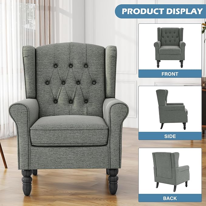High Back Accent Chair, Fabric Wingback Chair Upholstered Armchair for Living Room, Retro Comfy Single Sofa Bedroom Reading Seat with Solid Wood Legs - Gray