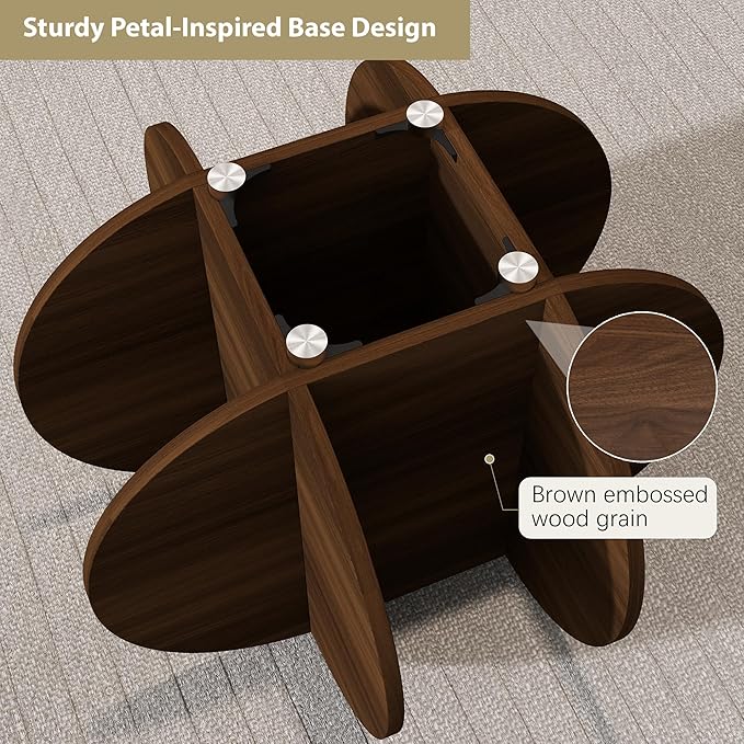 Glass Coffee Table, Round Coffee Table with Petal-Inspired Base, Modern Minimalist Coffee Table for Decoration, Brown Coffee Tables for Living Room, Study Room, Office