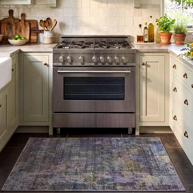 Kokia Abstract Area Rug Black Purple Washable 2x3 Non-Slip Stain Resistant Entryway Rug Soft Indoor Mat for Kitchen Door Decor, Violet and Slate Blue