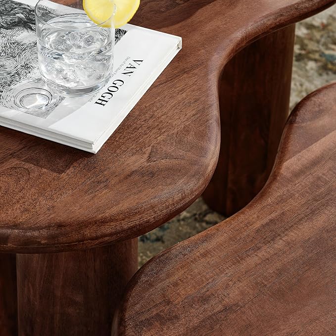 Modway Hackney Mango Wood Nesting Coffee Table Set in Walnut - 2 Piece Kidney-Shaped Wood Coffee Table for Living Room
