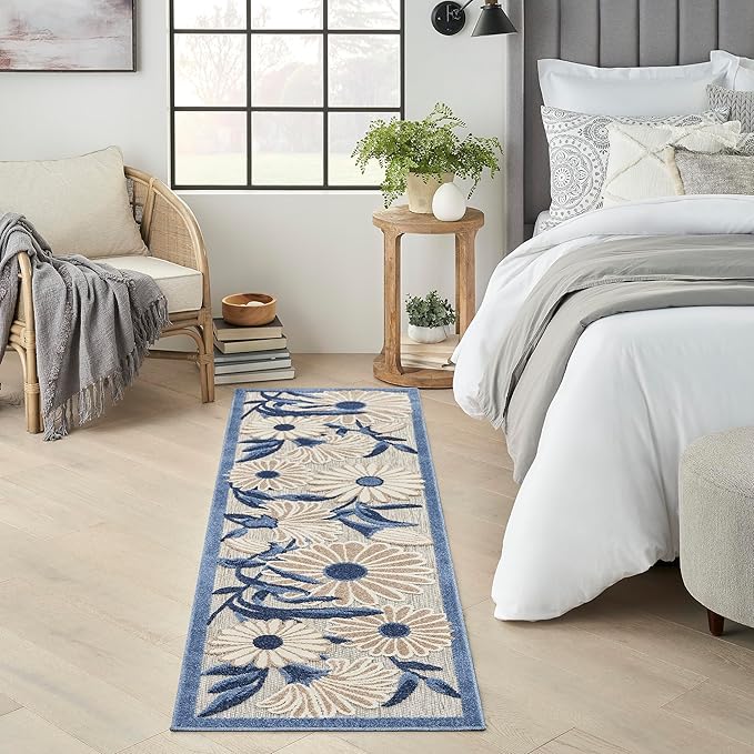 Nourison Home Aloha Blue Grey 2'3" x 12' Area Rug - Easy Clean, Non Shedding, Bed Room, Living Room, Dining Room, Kitchen (12' Runner)