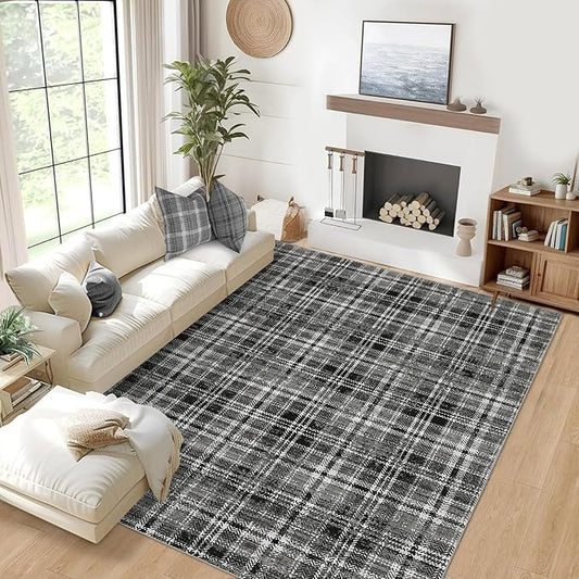 Washable 9x12 Area Rug for Living Room Modern Rugs for Bedroom Black Rug Soft Large Area Rug Non Slip Throw Rugs Low Pile Stain Resistant Carpet for Nursery Dining Room 9'x12' Black/Grey