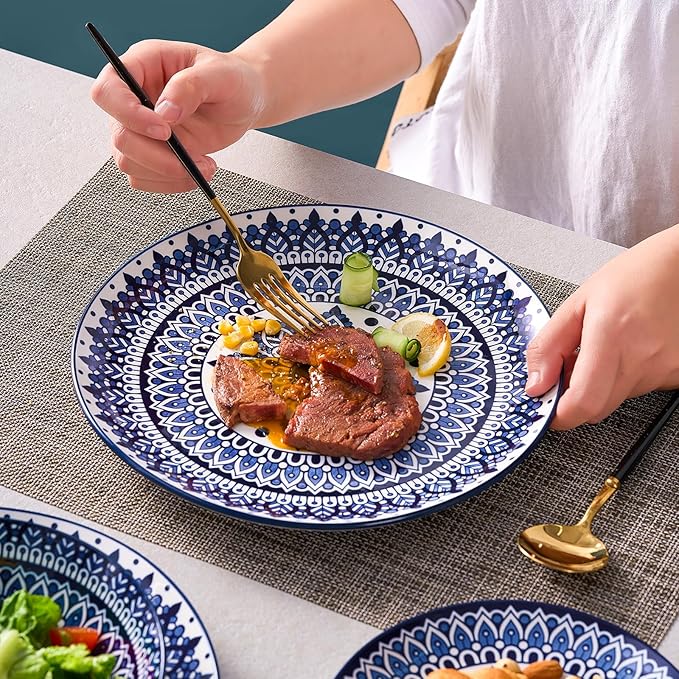 Bestone Ceramic 12-Pieces Dinnerware Sets, Ceramic Dish Plates and Bowls Sets, Dishes Set for 4, Dinner Salad Dessert Plates, and Cereal Bowls Set, Gift,Vintage Blue