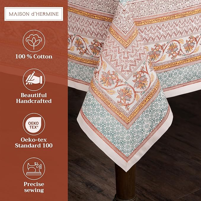Maison d' Hermine Table Cloth Rectangle Table 100% Cotton 70 x 108 Inches Fall Tablecloth Reusable Everyday Use for Thanksgiving Christmas Decorations Dining Farmhouse Party (Nila)