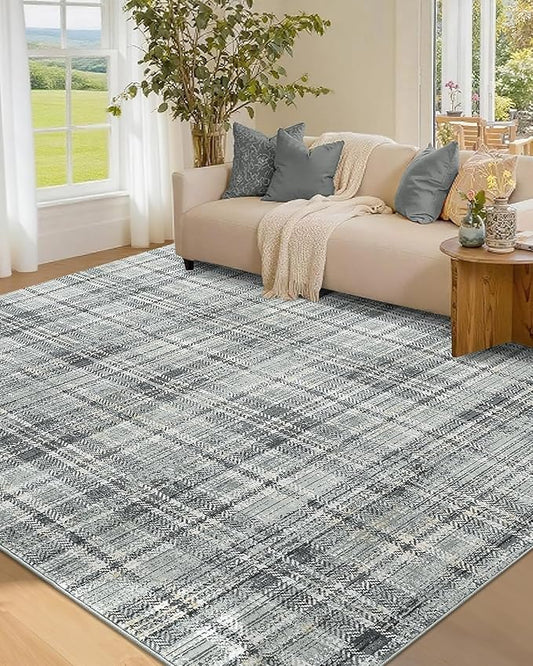 Washable Rugs 4x6 Rug for Living Room Modern Plaid Rugs for Bedroom Tartan Farmhouse Non Slip Entryway Rug Soft Stain Resistant Carpet for Nursery Entrance Dining Room 4'x6' Greenish Grey